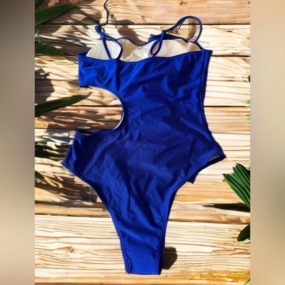 NWT Women’s One Piece Swimsuit Flounce & Hole Out Padded Monokini Blue Size L